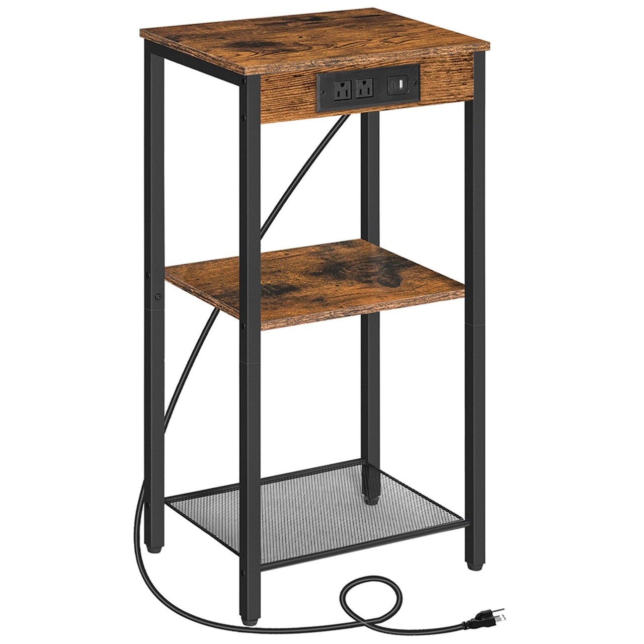 Brown Side Table Particleboard Metal with Power Outlet Adjustable Shelves